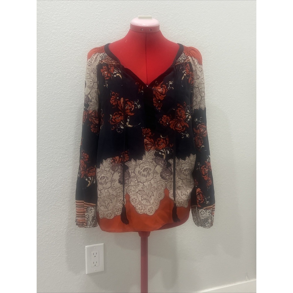 Anthropologie Black Rust Floral Lace-Print Blouse